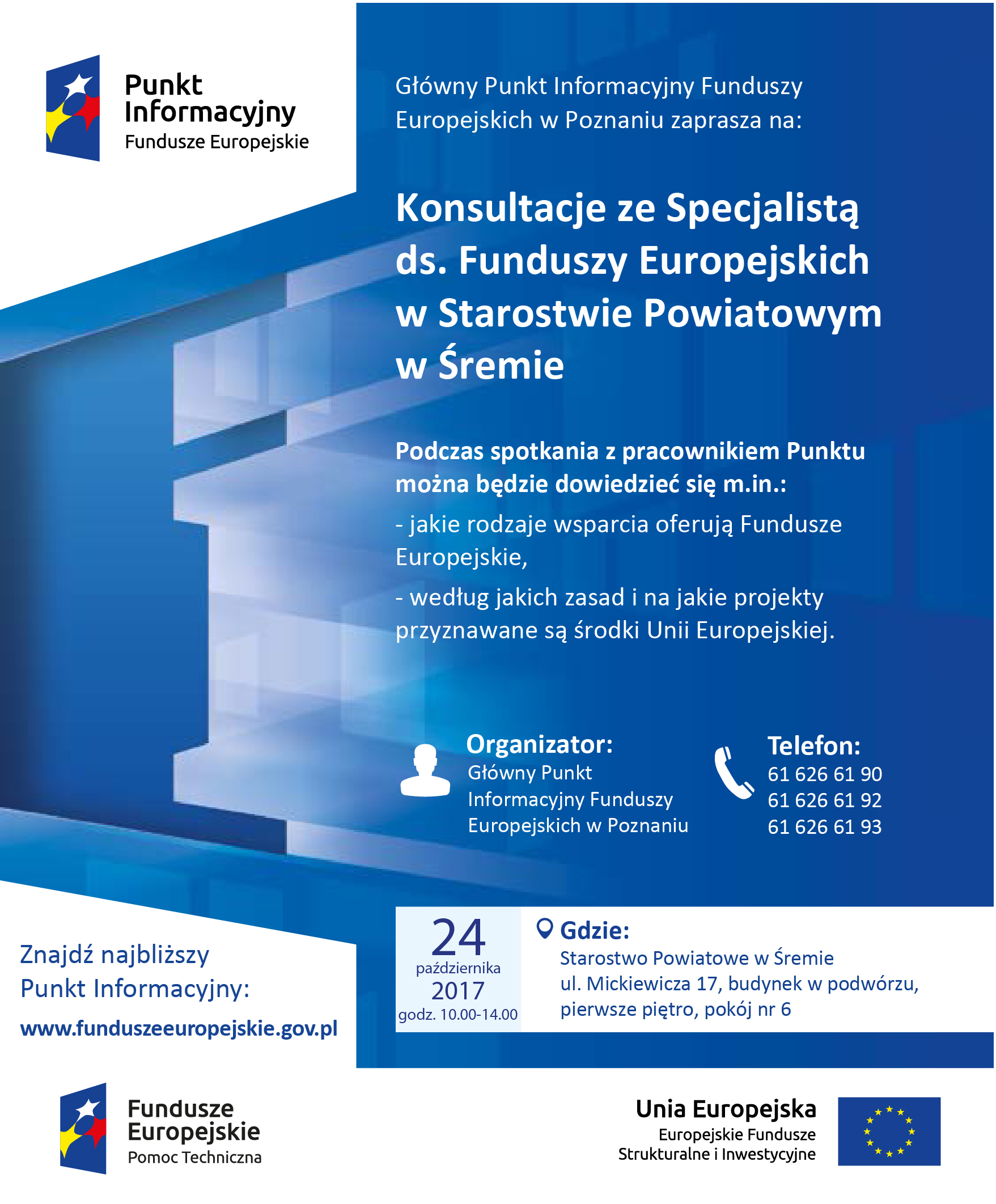 Konsultacje ze Specjalistą ds. Funduszy Europejskich w Starostwie Powiatowym w Śremie - plakat